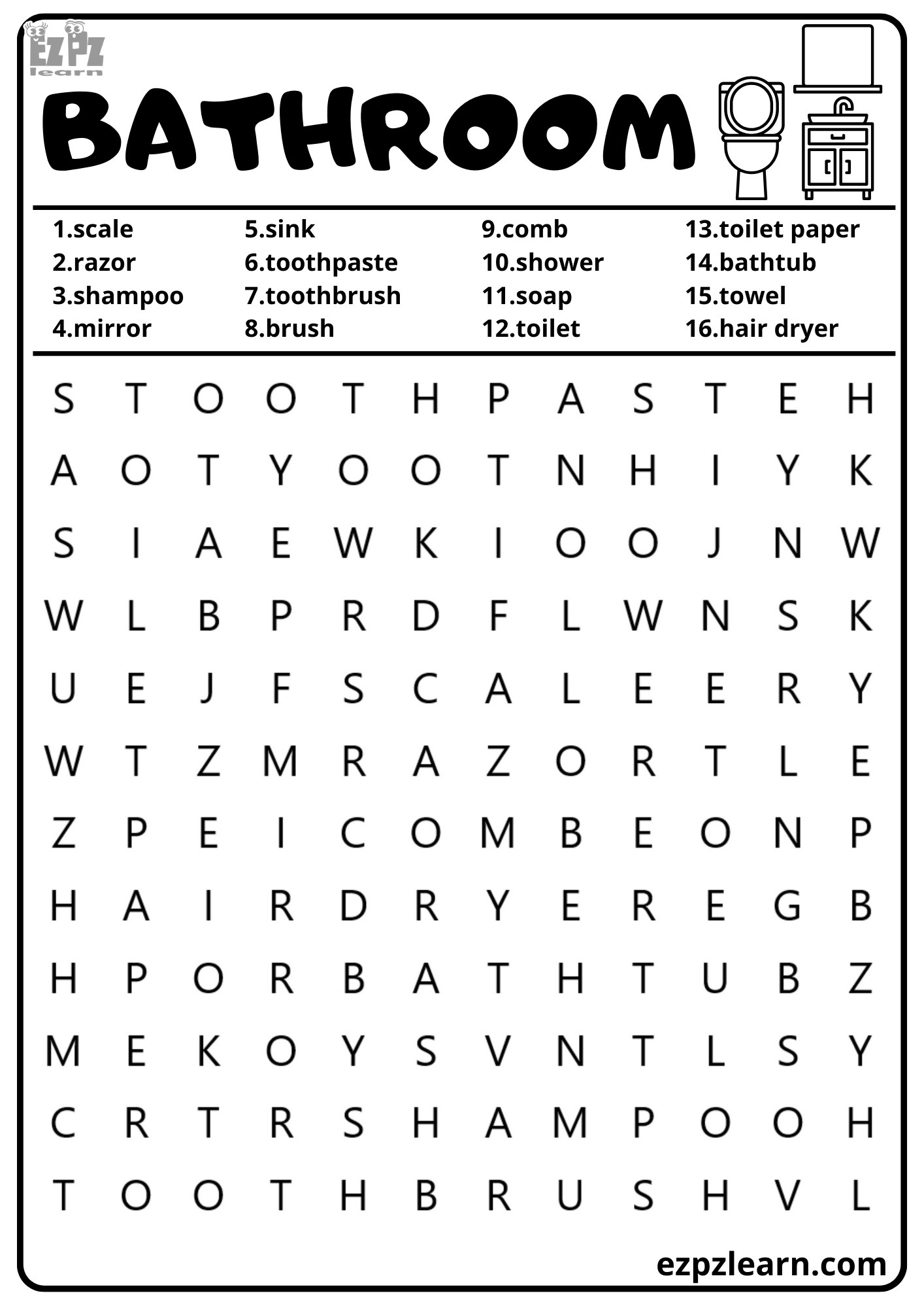 Bathroom and House Vocabulary Word Search Homeschool Kids and ESL